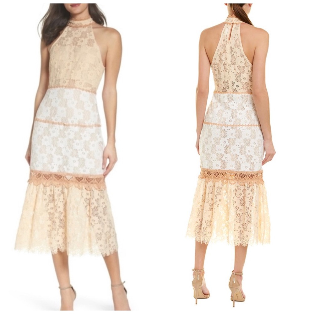 Foxiedox Amelia Lace Midi Dress Color Block Halter Neck Size Large NWT